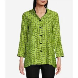 Ali Miles Lime Green Black Button Front Top Womens Sz Small Wire Collar